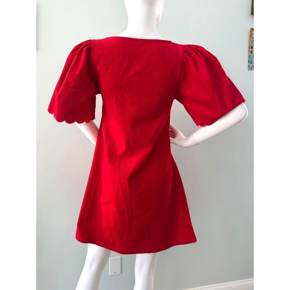 Smith & Quinn Red Corduroy Scallop Puff Sleeve Babydoll Mini Dress size Small - Picture 2 of 8